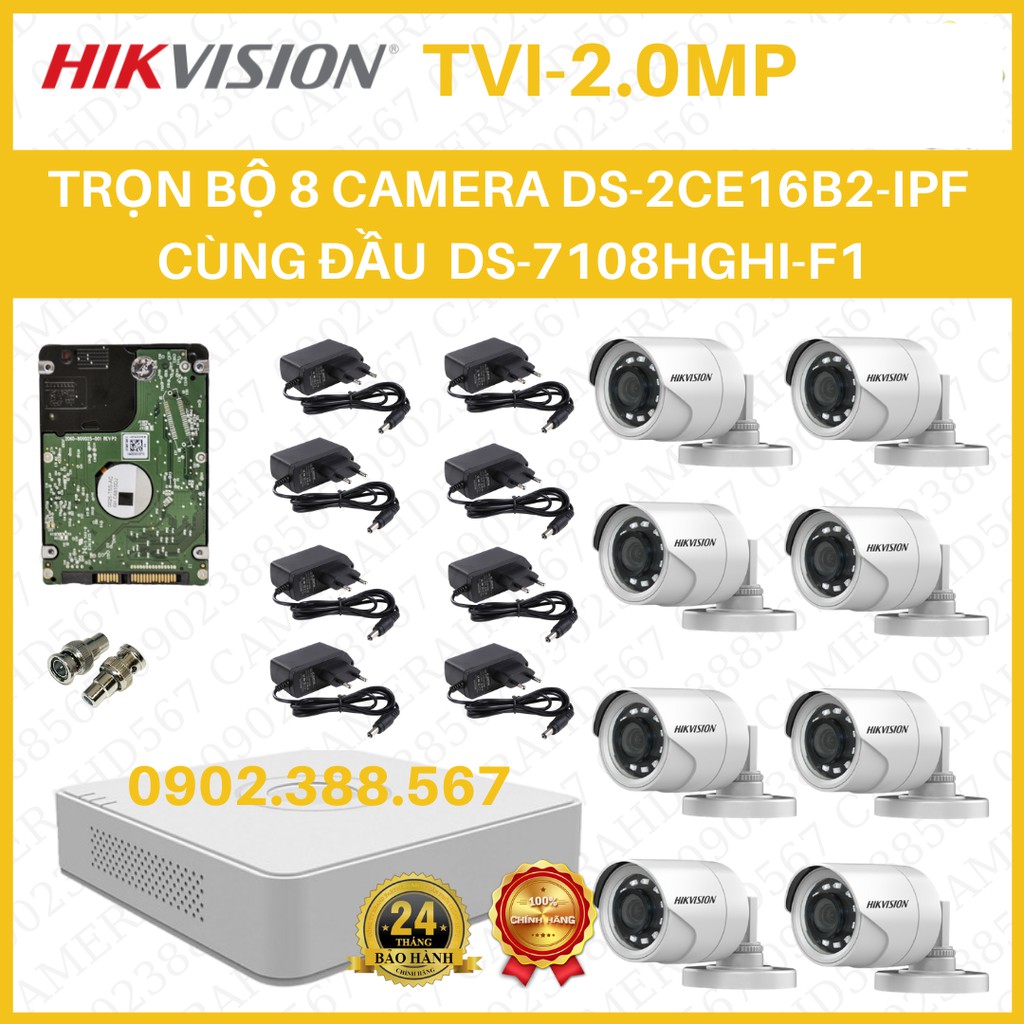 TRỌN BỘ TỪ 2 ĐẾN 8 CAMERA 2.0MP DS-2CE16B2-IPF+ DS-7104HGHI-F1 HOẶC DS-7108HGHI-F1+ NGUỒN+JACK + Ổ CỨNG 500GB