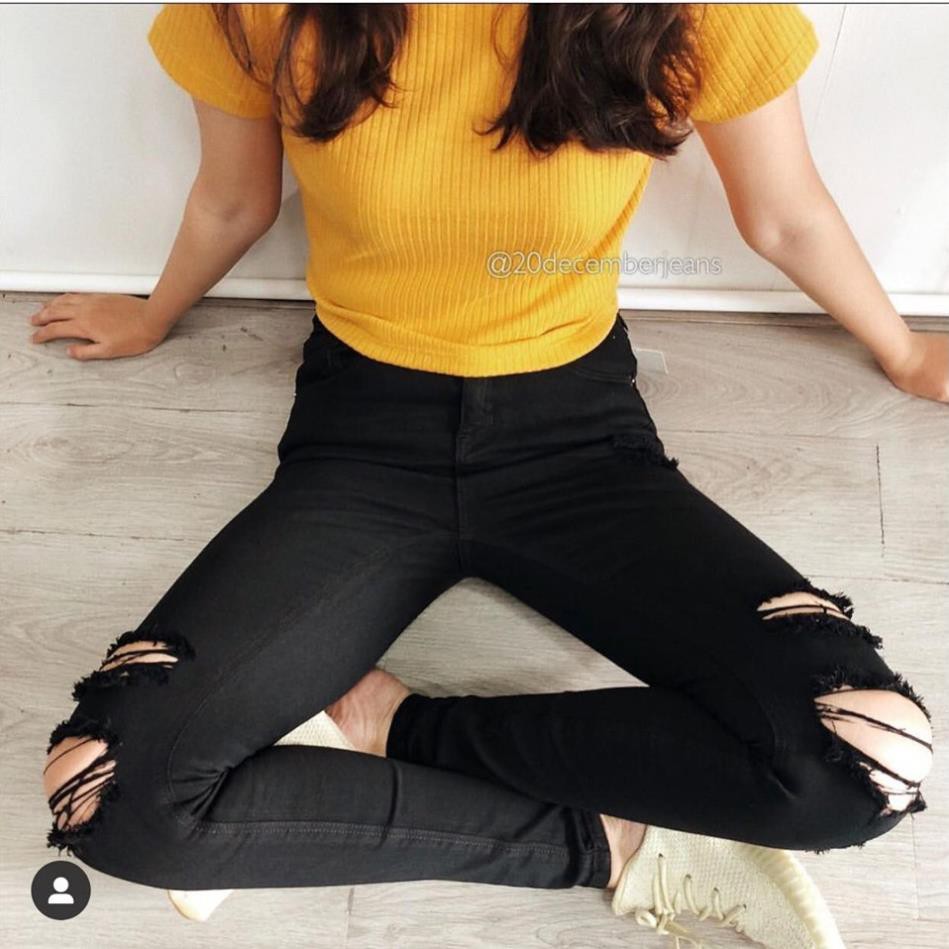 Quần jean nữ rách, quần bò nữ lưng cao dáng ôm màu đen rách 2 gối chất vải jean mịn dày dặn co giãn 4 chiều