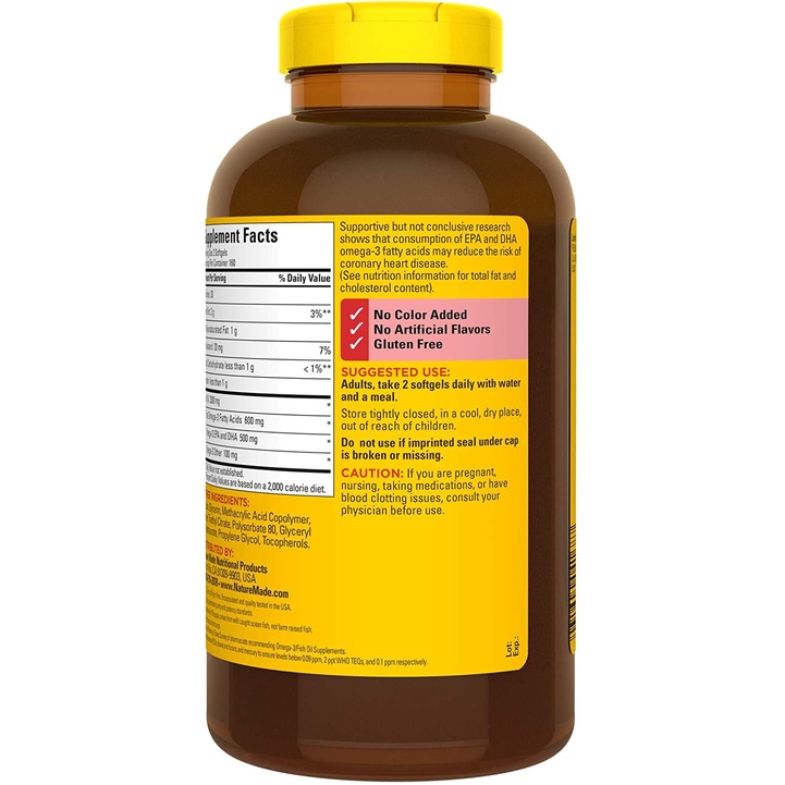 Dầu cá Omega-3 , Nature Made Burp-Less Fish Oil 1000 mg with 300 mg Cholesterol , 320 viên - Date: 12/2023 ,vón cục nhẹ,