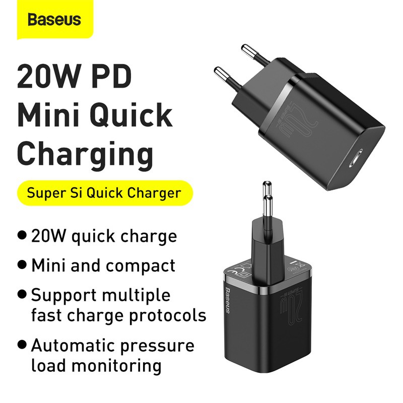 Củ sạc nhanh Baseus Si sạc nhanh PD 20W 1 cổng Type-C, hỗ trợ Quick Charger, tương thích nhiều thiết bi ( EU/CN )