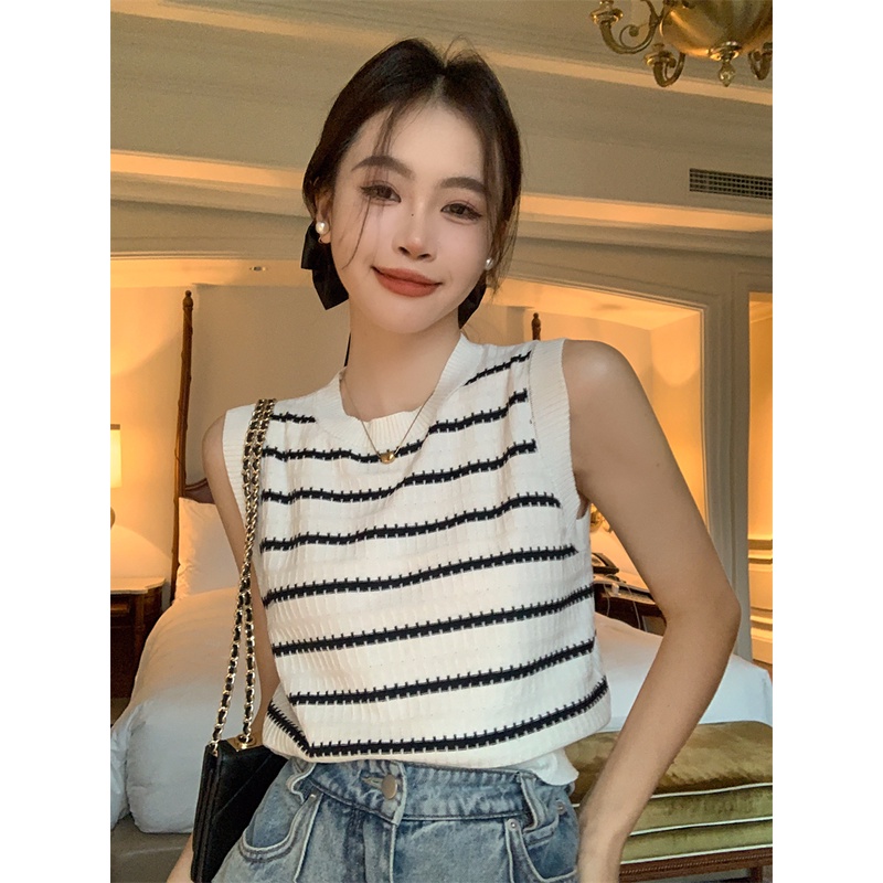 QKOOLE Áo nữ không tay họa tiết kẻ sọc thời trang Hàn Quốc