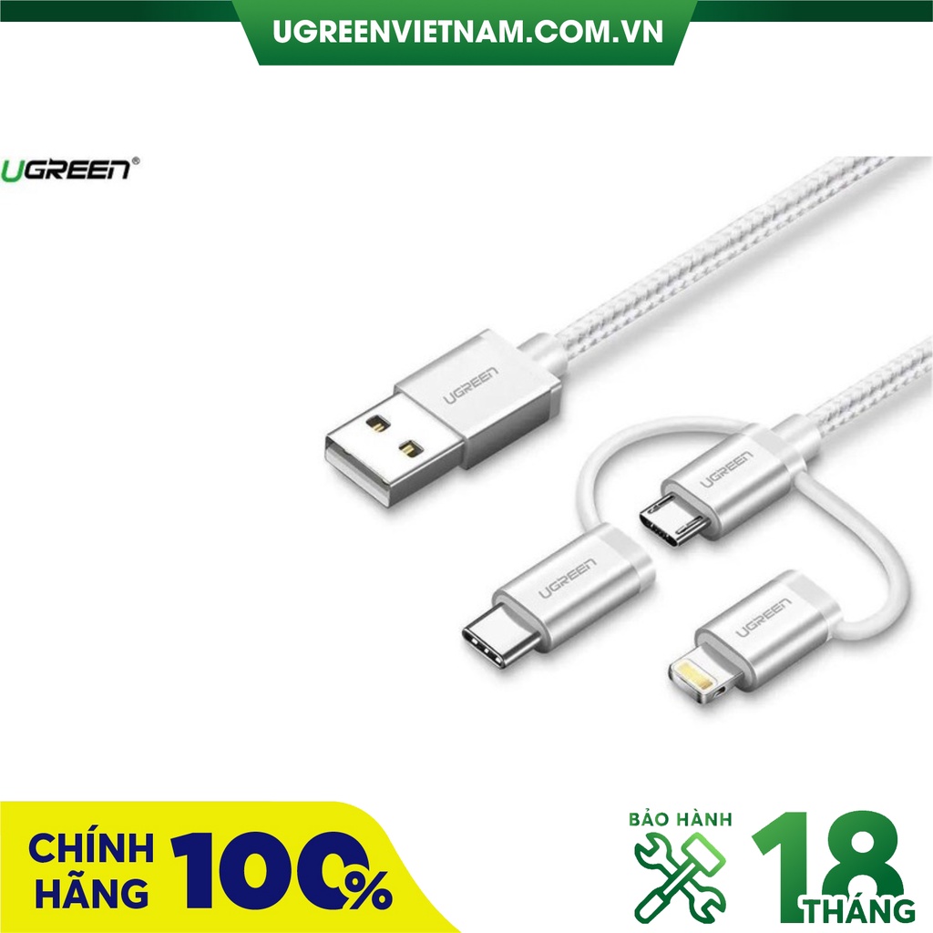 Cáp sạc,dữ liệu 3 trong 1 USB Micro/Type-C/dài 1M Ugreen 80825 (Màu bạc)