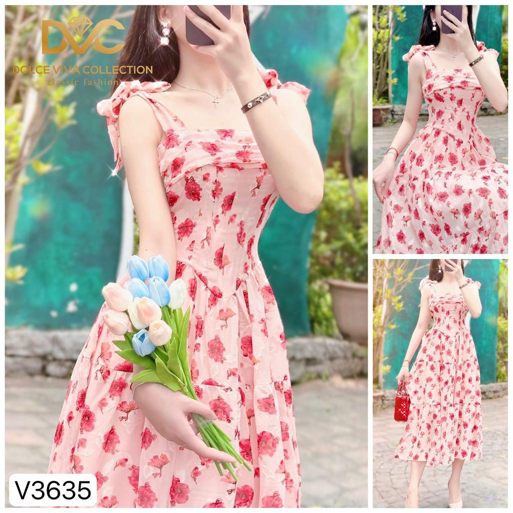 VÁY HOA NHÍ, VÁY NỮ ĐI CHƠI, ĐI BIỂN 2 DÂY HOA ĐỎ LY NGỰC DÁNG XÒE V3635- DVC