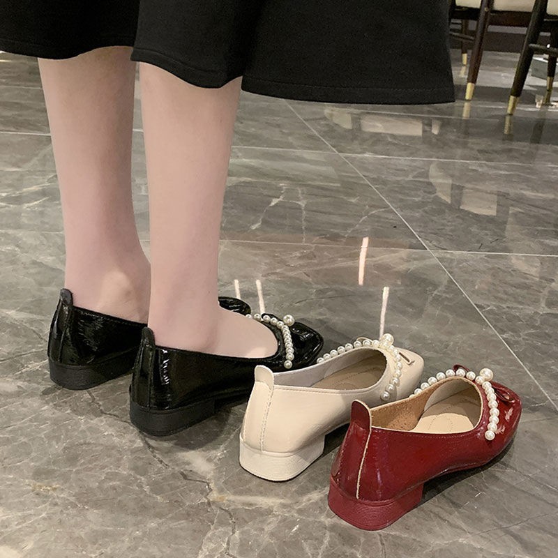 Giày búp bê gót dày cổ thấp đính ngọc trai thời trang mùa xuân cho nữ