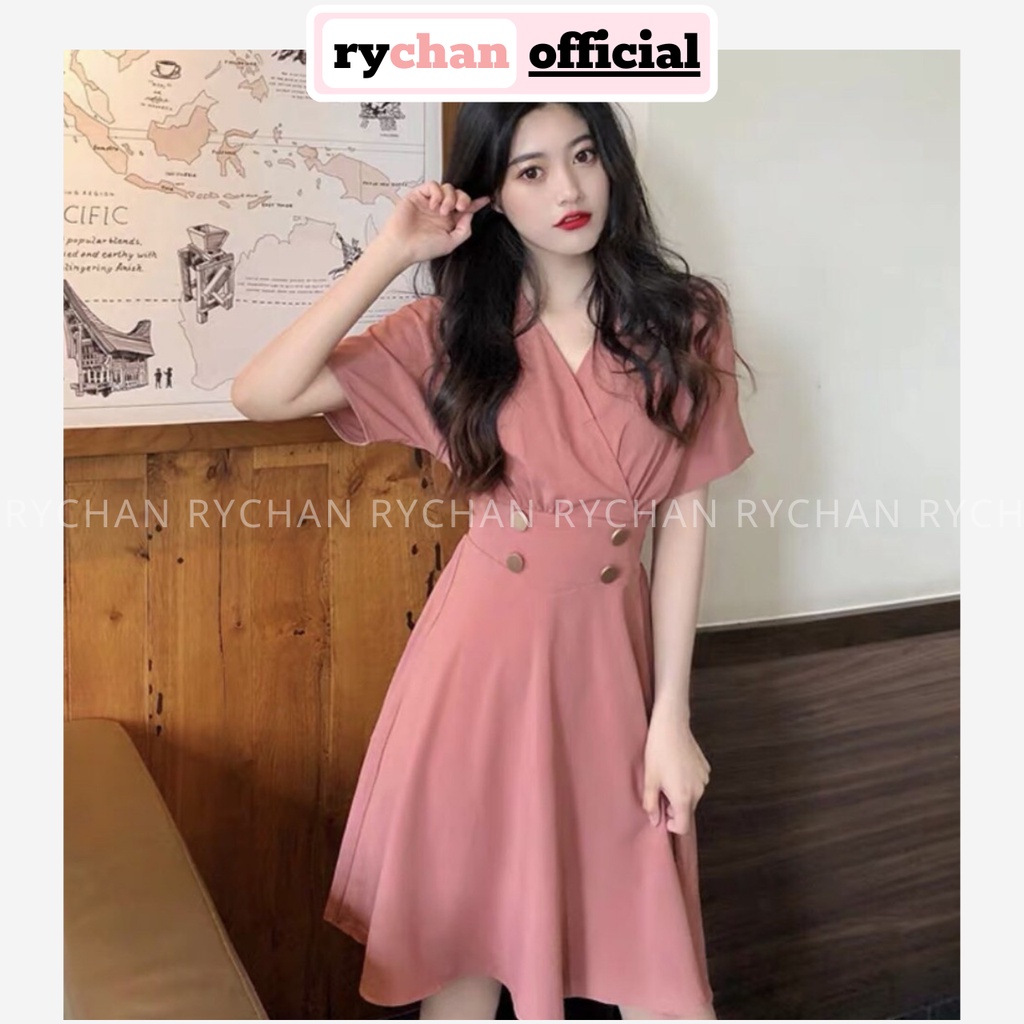 DX106 - Đầm Xòe Đắp Chéo Đính Cúc 2 Màu