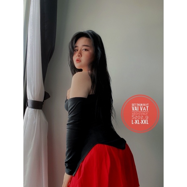 Set Bigsize áo bẹt vai dây chéo bún chân váy xếp ly