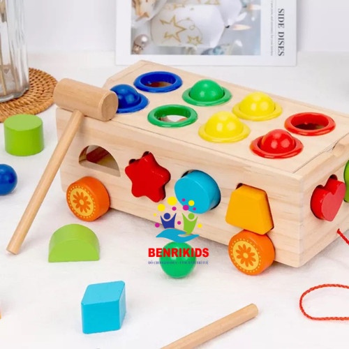 Hộp Đồ Chơi Xe Kéo Thả Hình Khối Kết Hợp Đập Bóng Xe Lửa Nhiều Màu Sắc Đồ Chơi Gỗ Cho Bé Phát Triển Trí Tuệ