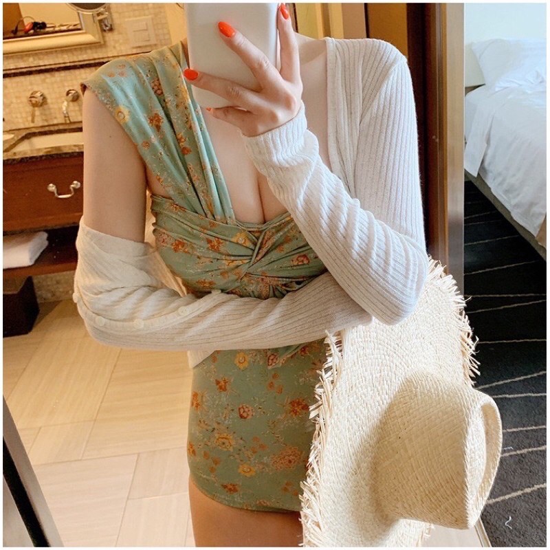 Monokini đồ bơi bikini liền mảnh hoa nhí xanh ngọc lệch vai siêu sang chảnhj