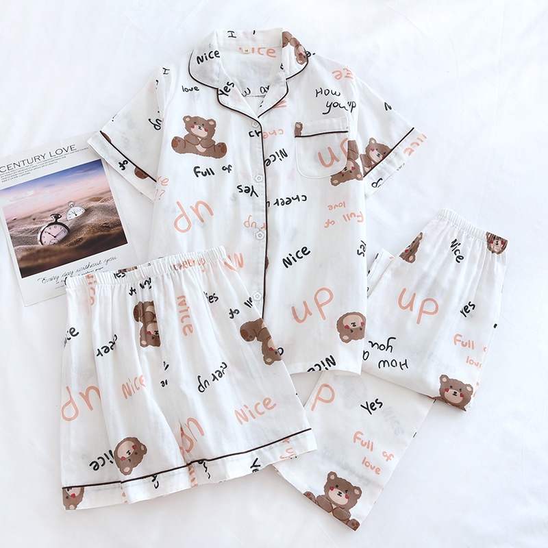 Bộ Đồ Ngủ Pijama 3 Món Bằng Cotton Nguyên Chất Hai Lớp In Họa Tiết Thời Trang Cho Nữ