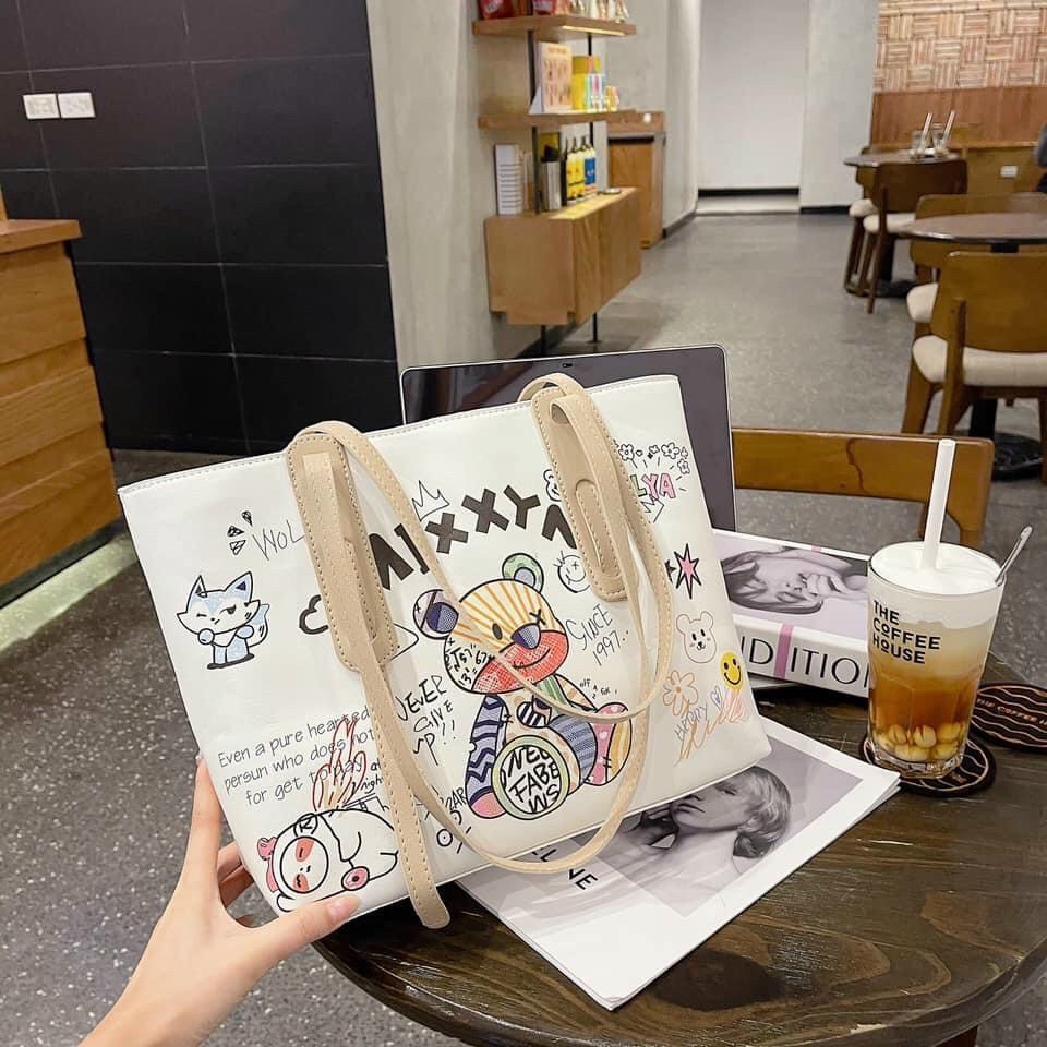 Túi tote nữ đeo vai họa tiết gấu MIXXY cực dễ thương, da mềm đựng vừa A4, Hà túi HT20
