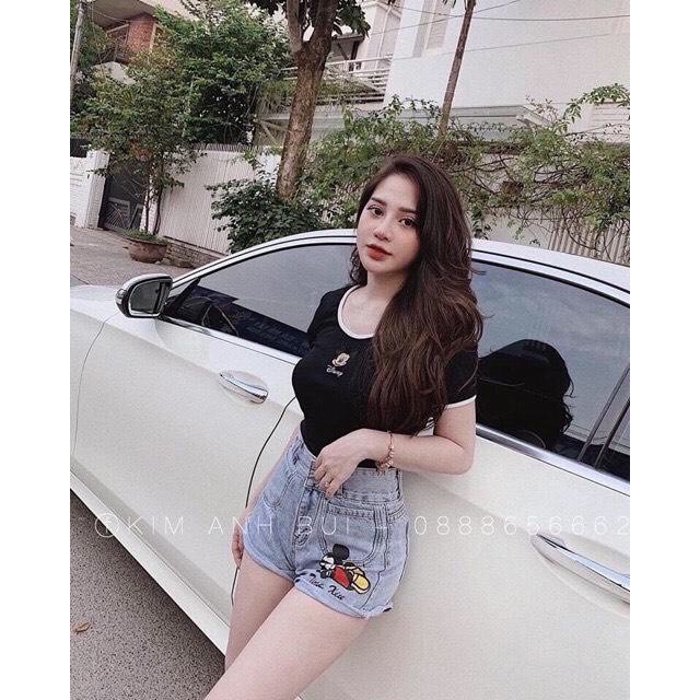 ÁO THUN CROPTOP THÊU MICKEY CHẠY VIỀN CỔ VIỀN TAY ĐEN TRẮNG HOT