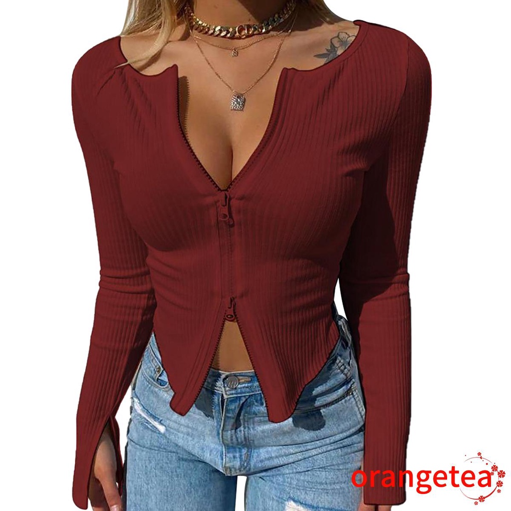 Ort-áo Croptop Ôm Dáng Co Giãn Màu Trơn Có Khóa Kéo Thời Trang Đường Phố Tiệc Tùng Cho Nữ