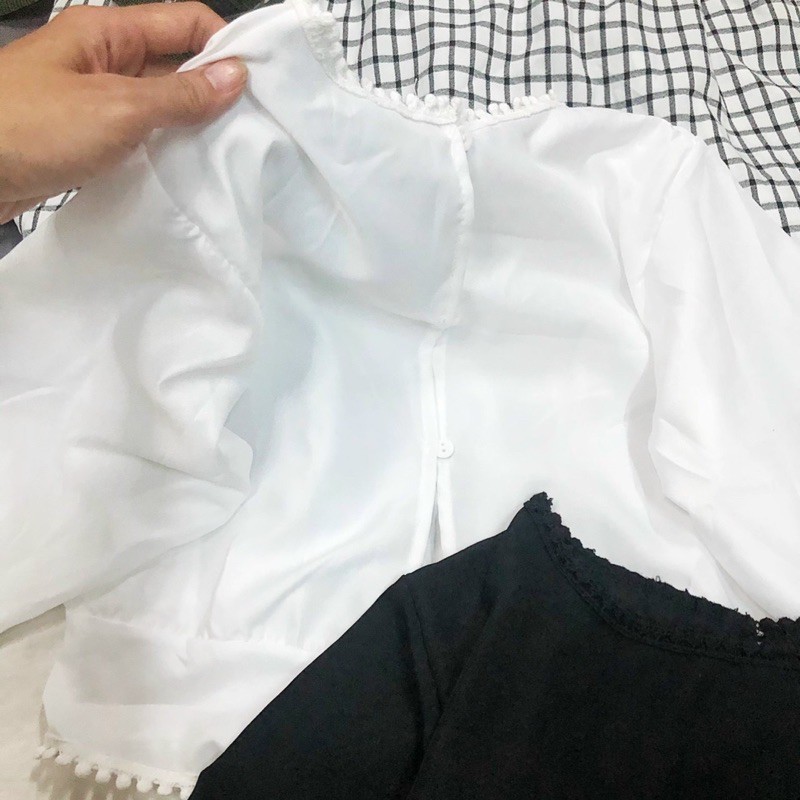 Áo kiểu nữ tay dài cổ bầu phối ren cột nơ lưng siêu dễ thương hình thật trải sàn