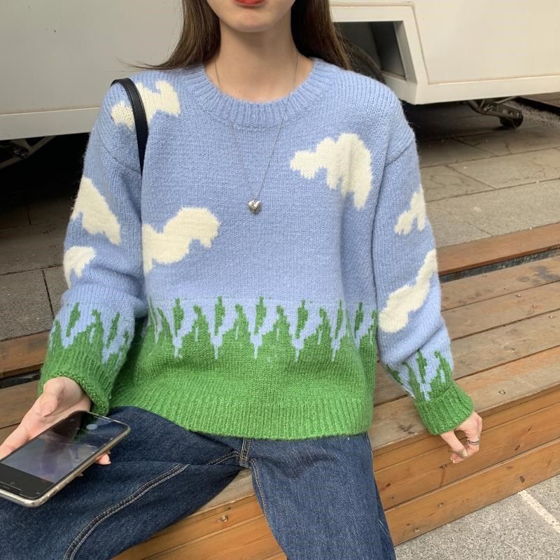 Áo sweater Cổ Tròn Dáng Rộng Ấm Áp Xinh Xắn Cho Nữ Mùa Đông