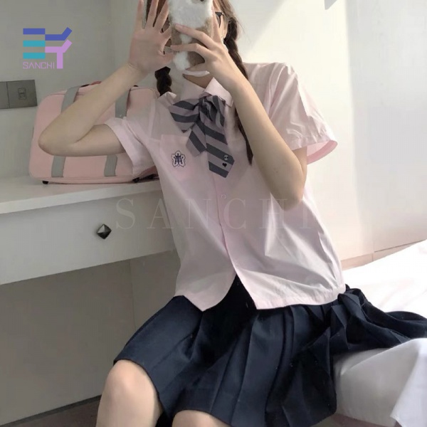 Áo Sơ Mi Đồng Phục Ngắn Tay Màu Trắng Thêu Họa Tiết Thời Trang Cho Nữ
