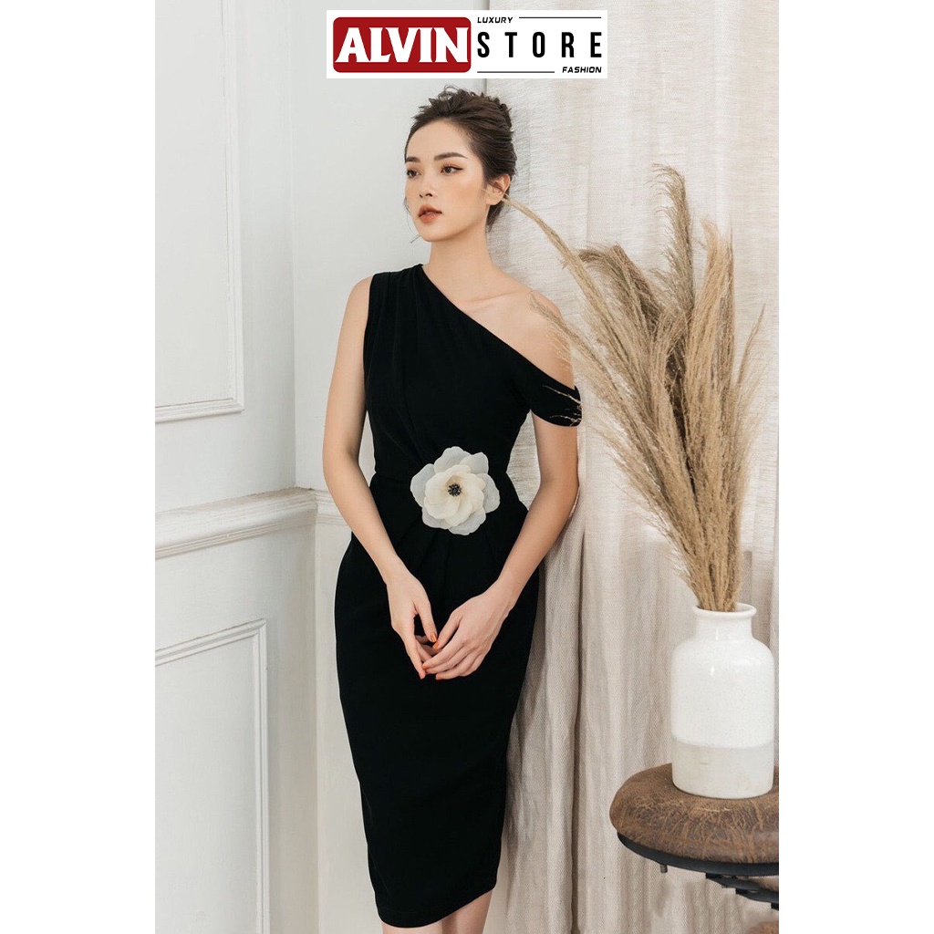 Đầm Dự Tiệc Ôm Body Lêch Vai Xếp Ly Nhấn Hoa Xinh Đẹp  Alvin Store 2647