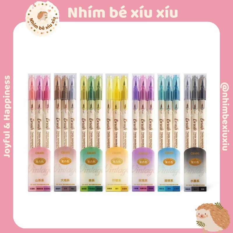 Set 3 bút lông 2 đầu TWIN MARKER BRUSH PEN viết calligraphy nét thanh nét đậm nhimbexiuxiu VT339