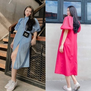 Đầm váy sơmi kate suông dài tay ngắn bồng/phồng xanh biển/hồng cánh sen, thời trang nữ dễ thương đi chơi dạo phố kín đáo
