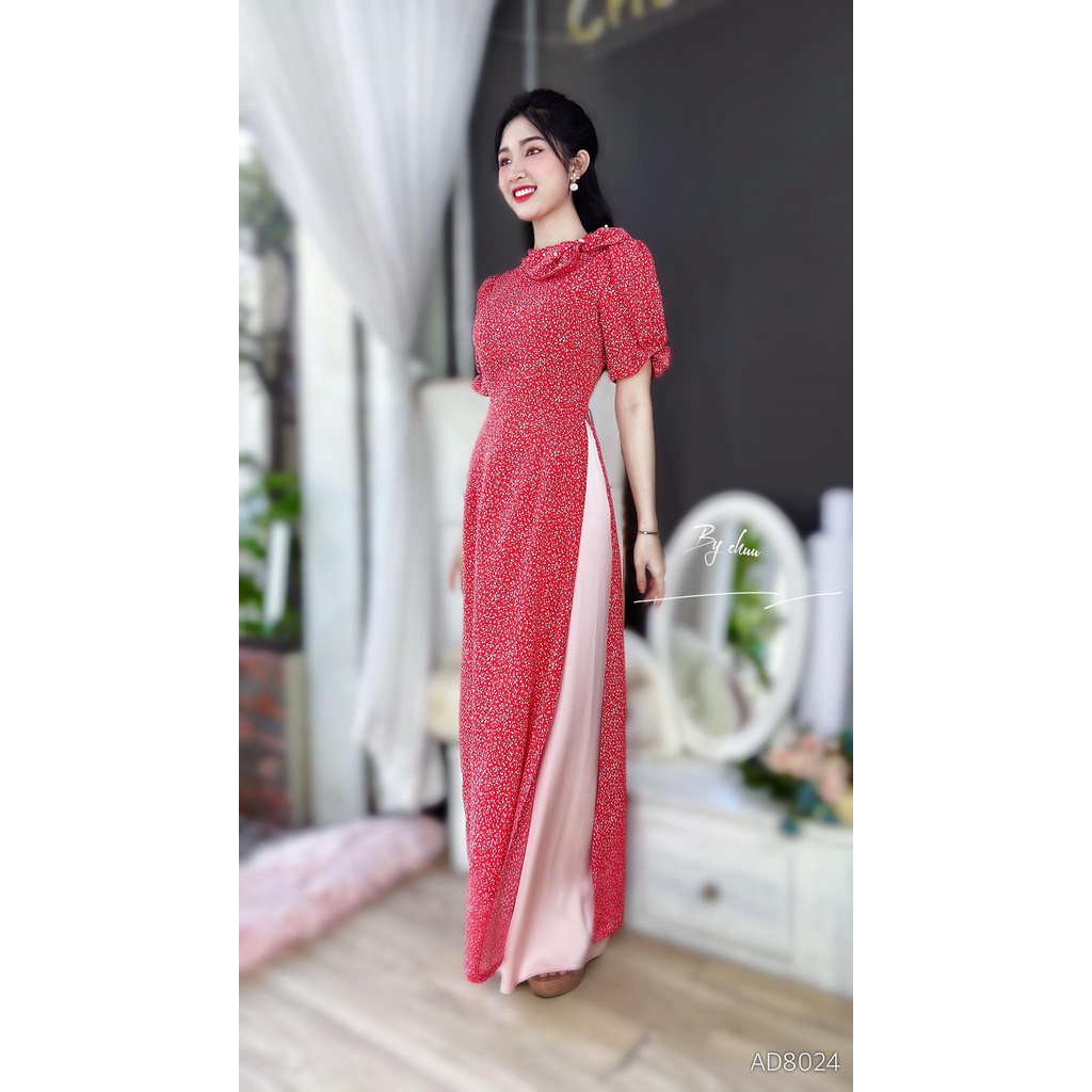 Áo dài nữ cách tân họa tiết hoa nơ lệch không kèm quần CHUU AD8024