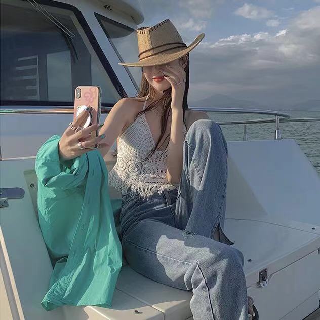 DUNEA Áo Hai Dây Dệt Có Đệm Ngực Màu Trắng Quyến Rũ Thời Trang Đi Biển Cho Nữ