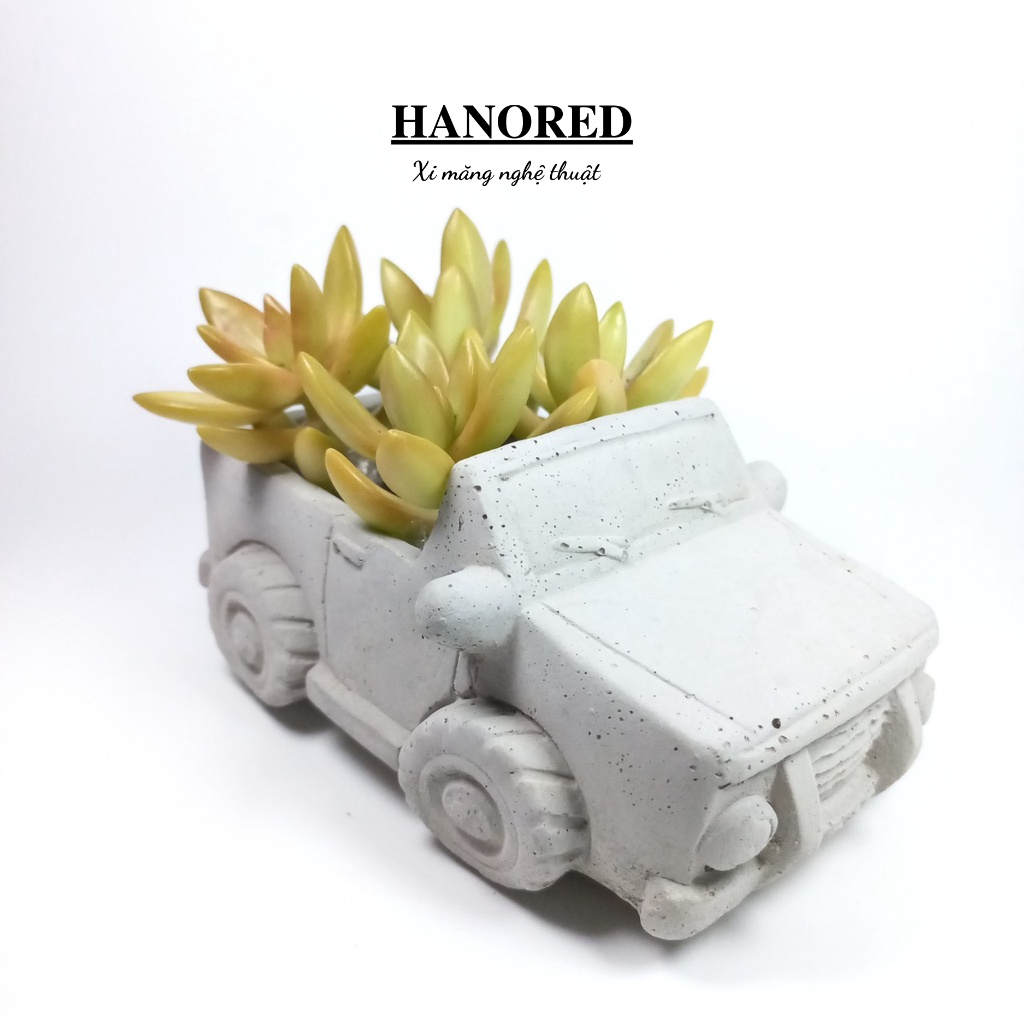 Chậu xi măng mini hình xe ô tô thể thao phượt mui phẳng HANORED trồng sen đá, xương rồng, tô tượng kích thước 14×9×7(cm)