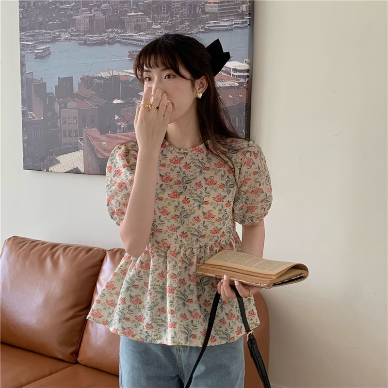 Salty Áo Sơ Mi Ngắn Tay Phồng Ngọt Ngào Giảm Tuổi Hình Hoa Cho Nữ