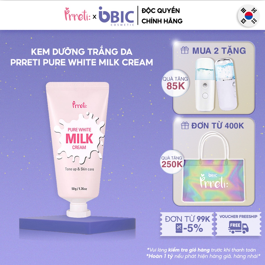 Kem dưỡng trắng da Prreti Pure White Milk Cream nâng tone cấp ẩm sáng da tự nhiên 50g