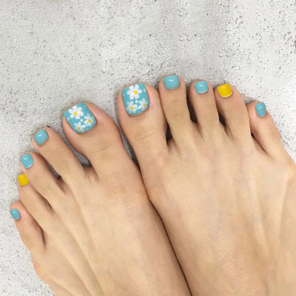 Bộ Móng Chân Giả Ngắn Họa Tiết Hoa Cúc / Mặt Cười Thời Trang Hàn Quốc