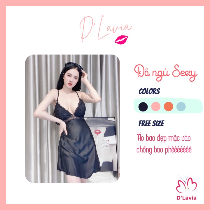Đầm ngủ sexy hai dây phối ren có mút ngực lụa satin cao cấp gợi cảm mềm mại AN58 - D'Lavia