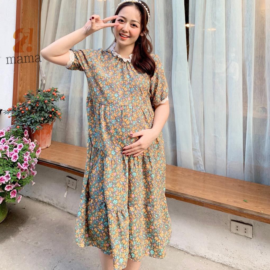 [BÁN SỈ] Váy bầu 2MAMA họa tiết hoa nhí pha ren dáng đuôi cá ba tầng / đầm bầu sang chảnh V08 👗 *