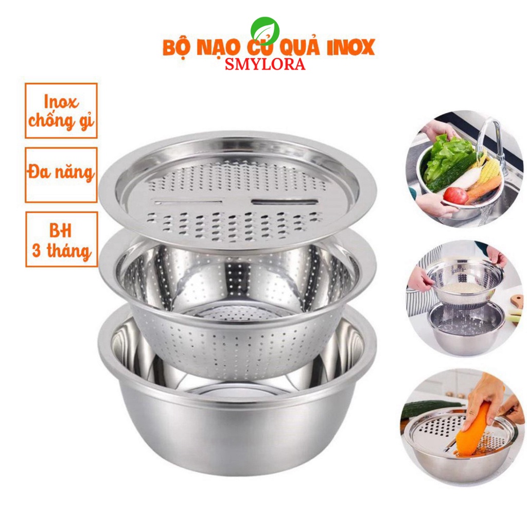 Bộ Nạo Rau Củ 3 Món Bào,Rổ Nạo Rau Củ Kiêm Rổ và Chậu Inox Cao Cấp Đa Năng, Tiện Lợi Dùng Nhà Bếp