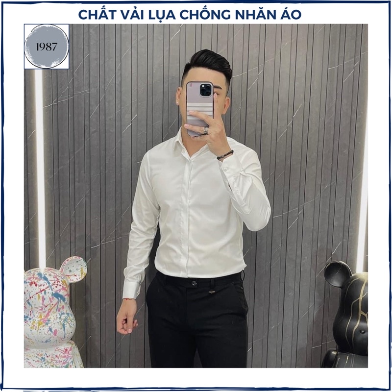 Áo sơ mi nam tay dài vải lụa chống nhăn áo sơmi trắng công sở form dáng chuẩn