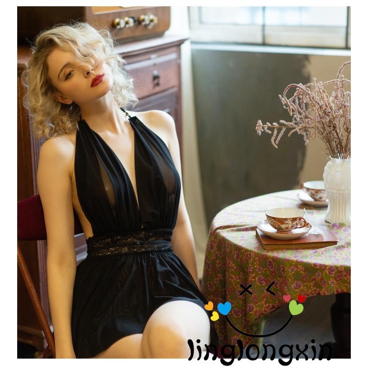 Bộ Đồ Ngủ 2 Dây Cổ Chữ V Phối Lưới Xuyên Thấu Gợi Cảm Cho Nữ