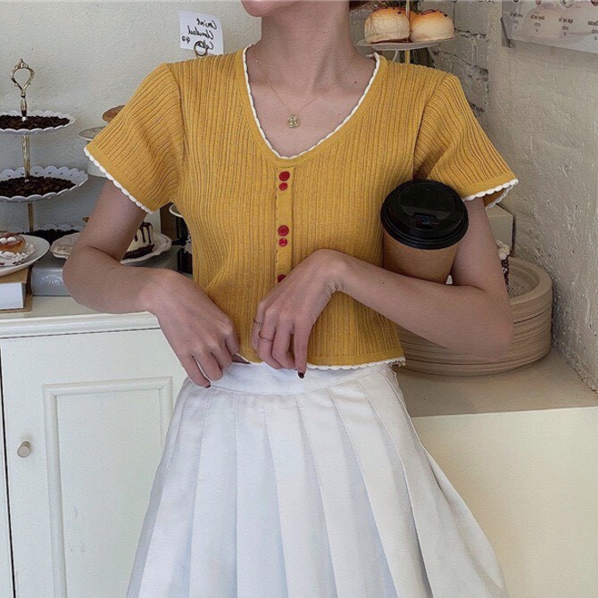 áo thun dệt kim ngắn tay cổ V khuy đôi 0110