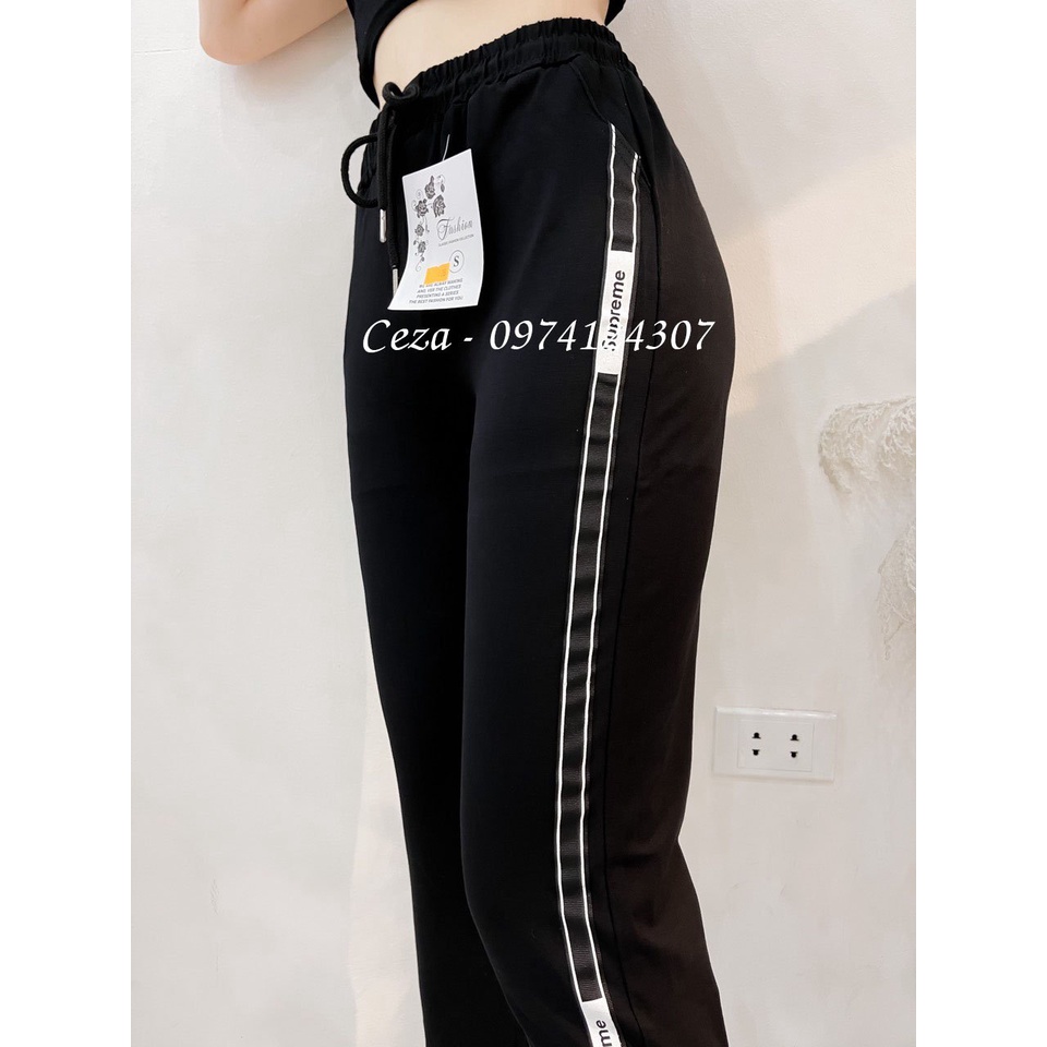 Quần jogger nữ,quần thể thao nữ phối sọc trắng bo gấu chất cotton xuất khẩu ,co giãn siêu tốt bigsize đến 85kg - Ceza