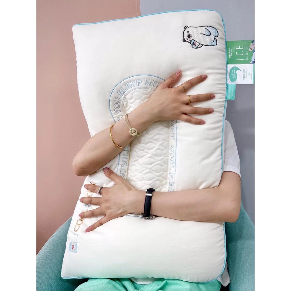 Gối đầu, Ruột gối đầu lụa cao cấp mềm mát lạnh, Gối có dãnh matxa cổ vai tạo cảm giác dễ chịu khu ngủ kích thước 50x70cm