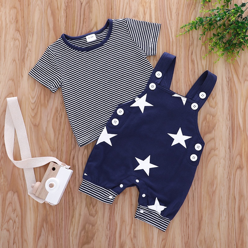 Combo bộ đồ bé trai 3 đến 36 tháng Cotton Cộc In Họa Tiết Ngôi Sao tay ngắn áo phông quần yếm set mùa hè thời trang cho bé trẻ em sơ sinh