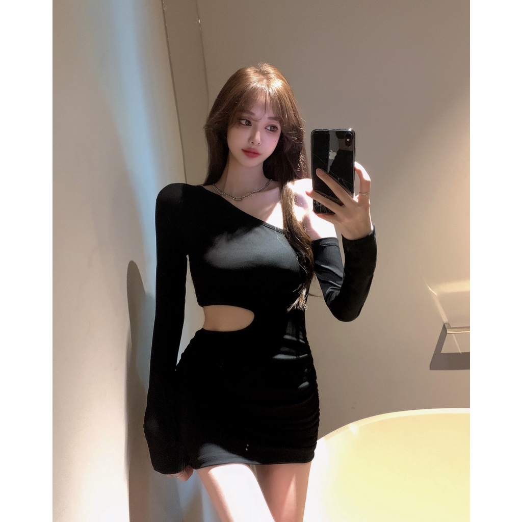 DUNEA Đầm Dài Tay Lệch Vai Màu Sắc Trơn Thời Trang Dành Cho Nữ