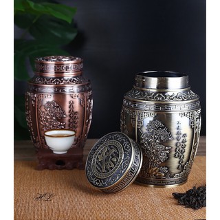 Hộp đựng chè mạ đồng hoa văn cổ/Hộp chè hợp kim đồng họa tiết tân cổ điển size To