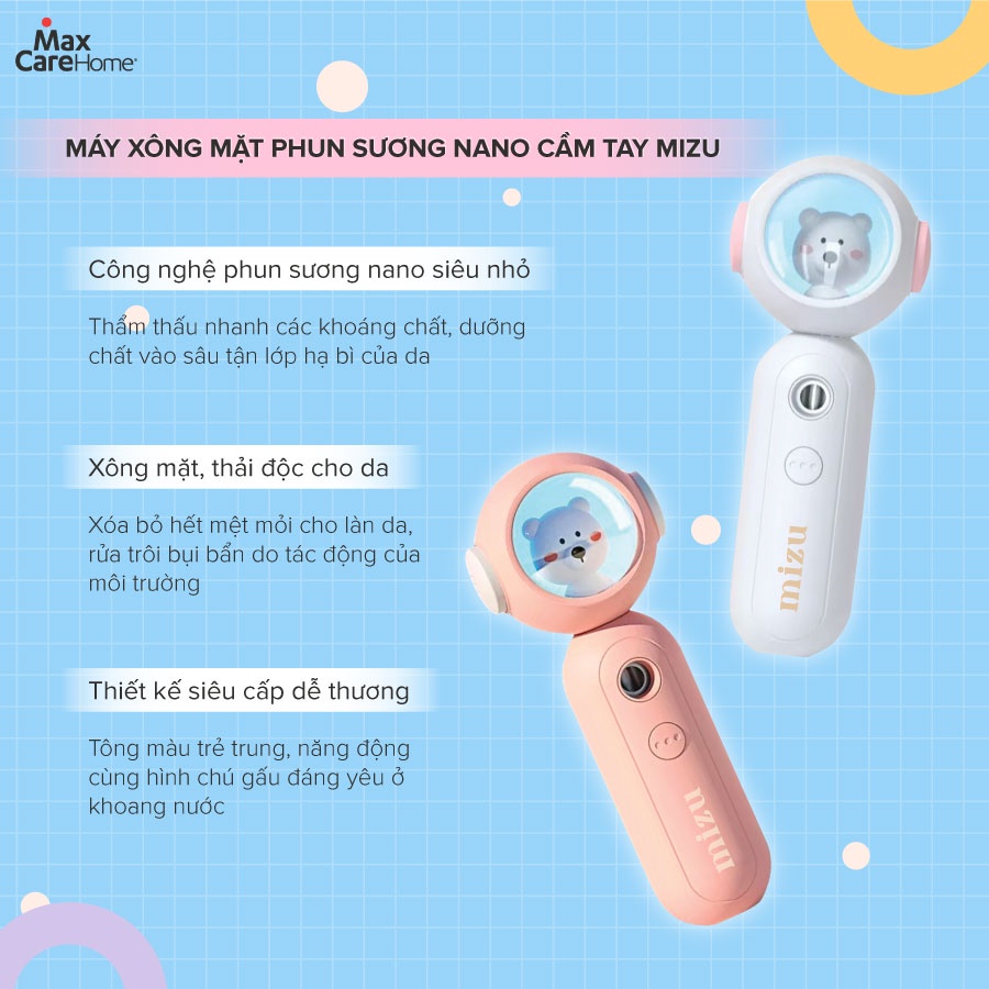 Máy xông mặt phun sương nano cầm tay Maxcare Mizu Cao Cấp- Thương hiệu Nhật Bản, không trôi makeup, cấp ẩm cho da 30ml