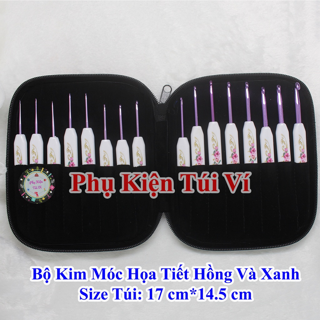 Bộ kim móc họa tiết hồng và xanh