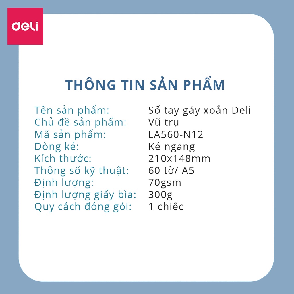 Sổ tay ghi chép A5 gáy xoắn 60 trang Deli Kẻ ngang Bìa họa tiết phi hành gia vũ trụ-vở ghi chép lò xo giấy chống lóa mắt