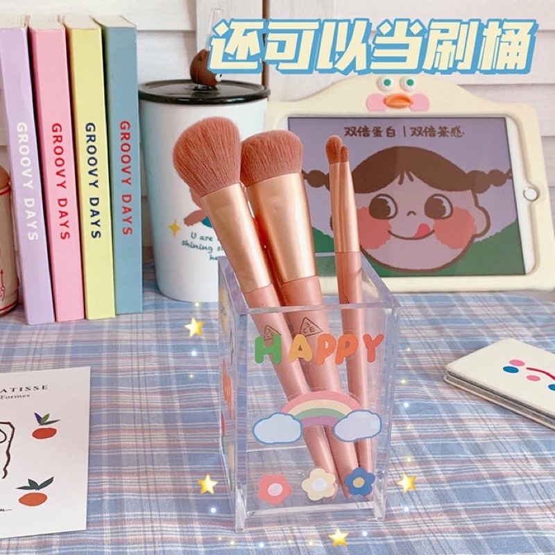 Ống cắm bút hình vuông trong suốt để bàn đa năng có Sticker dễ thương - Ống đựng bút, cắm cọ trang điểm dễ thương