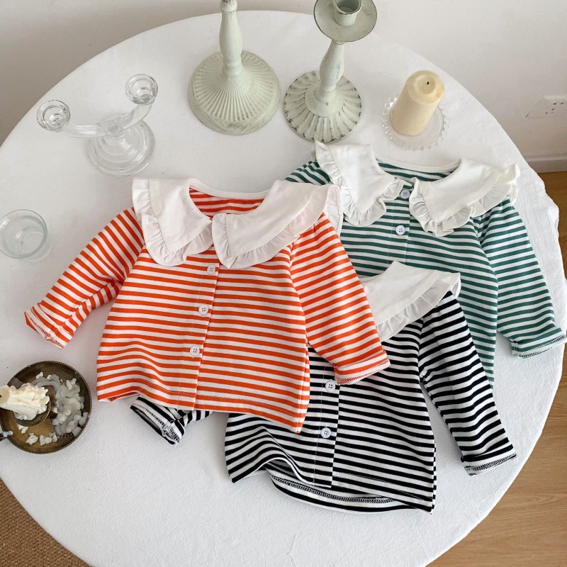 Áo Cardigan Họa Tiết Kẻ Sọc Có Diềm Xếp Nếp Dễ Phối Đồ Cho Bé Gái