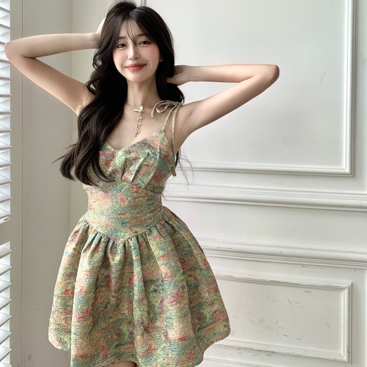 Đầm ZHELIHANGFEI họa tiết hoa tay phồng phong cách thời trang xinh xắn dành cho nữ