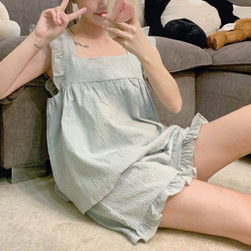 Đồ ngủ pyjama mùa hè hoạ tiết kẻ caro phối bèo ulzzang