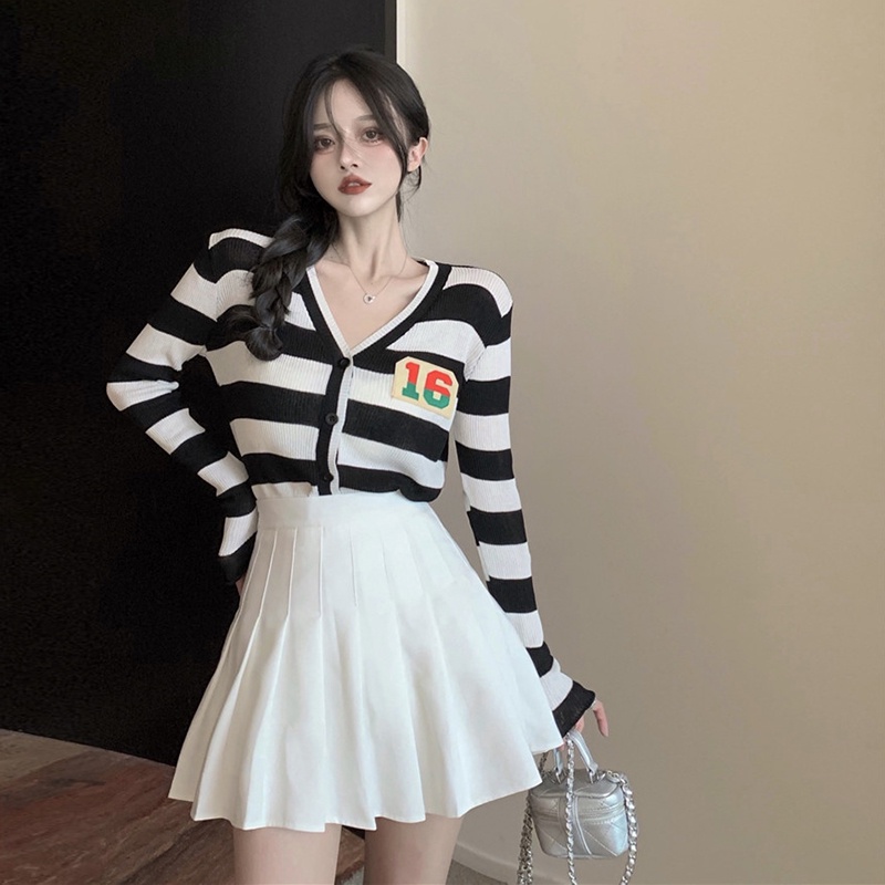 -#Áo Khoác Cardigan Dệt Kim Tay Dài Cổ Chữ v Họa Tiết Kẻ Sọc Dáng Rộng Thời Trang Mùa Hè Cho Nữ