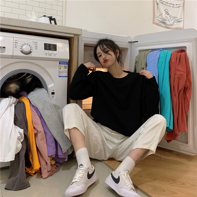 SUXI Áo Thun Nữ Tay Dài Dáng Rộng Phong Cách Hàn Quốc