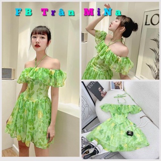 Đầm hoa xanh bẹt vai bèo dây cổ yếm