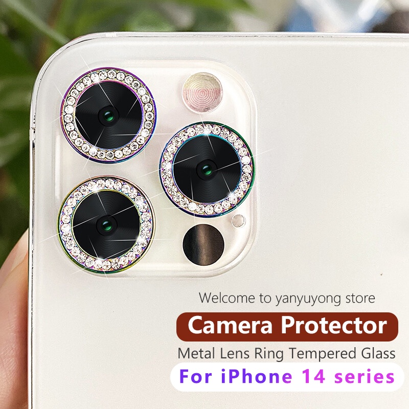 Nắp dán đính đá bảo vệ ống kính camera Cho iPhone 14 15 13 12 11 Pro Max / 14 15 Plus